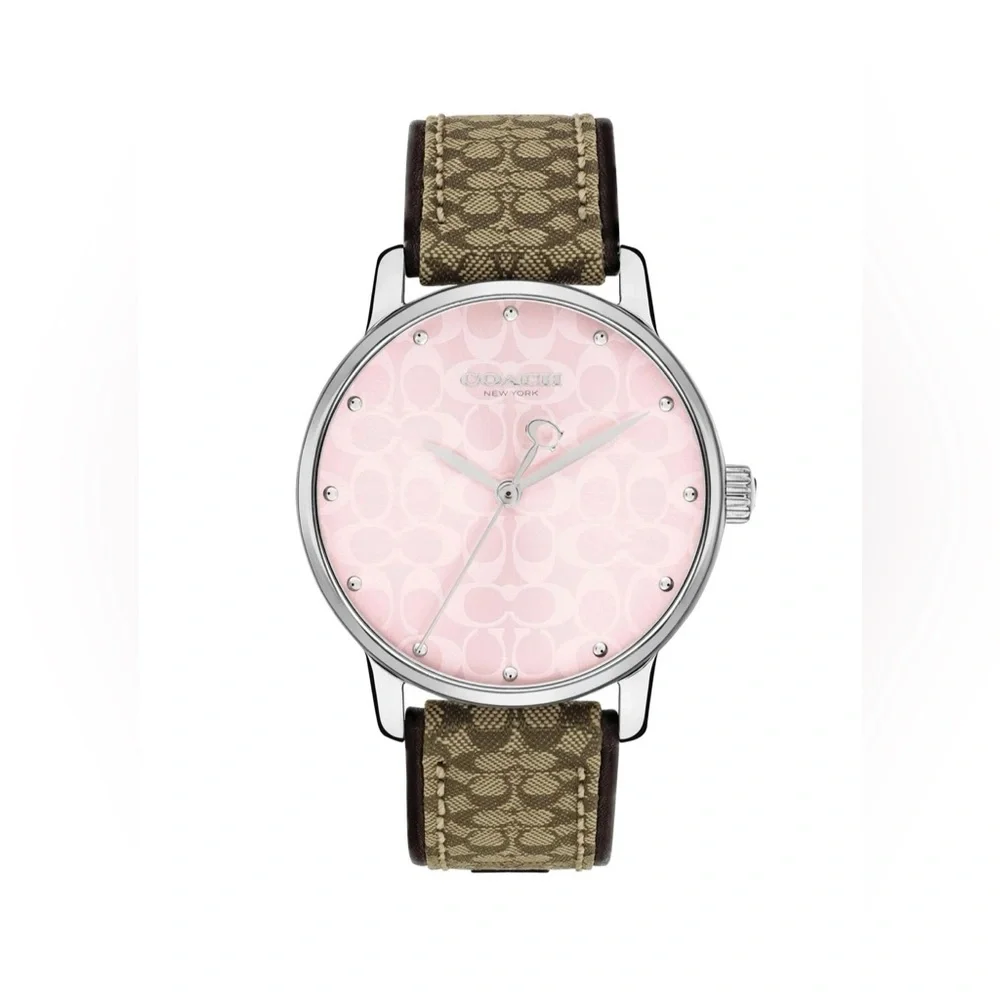 New Coach Grand Women’s Pink Dial Brown Logo Strap Watch 36mm Retail $195